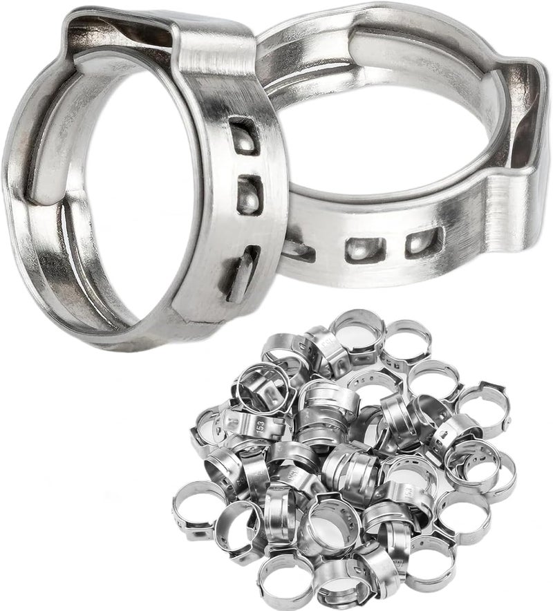 LAZIRO 50Pcs 10.8mm-13.3mm （3/8""）Single Ear Hose Clamp Hose Crimp Clamps Ear Crimp Rings Ear Stepless Hose Clamp Pinch Clamps for Hose Pipe Clamp Tools (3/8inch), Silver - Image 1